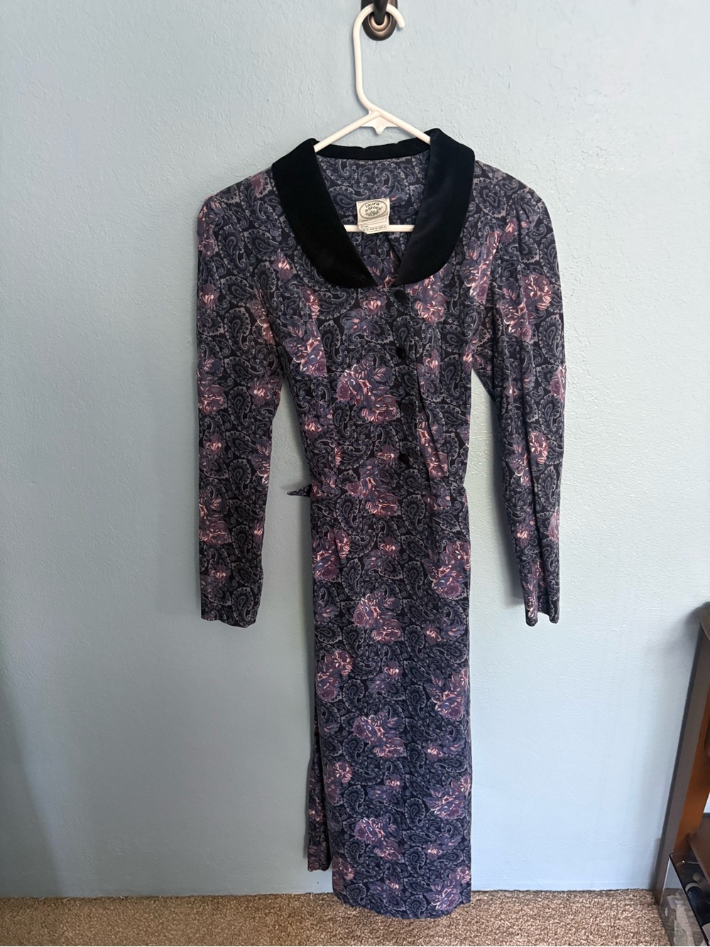 Laura Ashley Purple Paisley Long Sleeve Maxi Dress with Black Collar